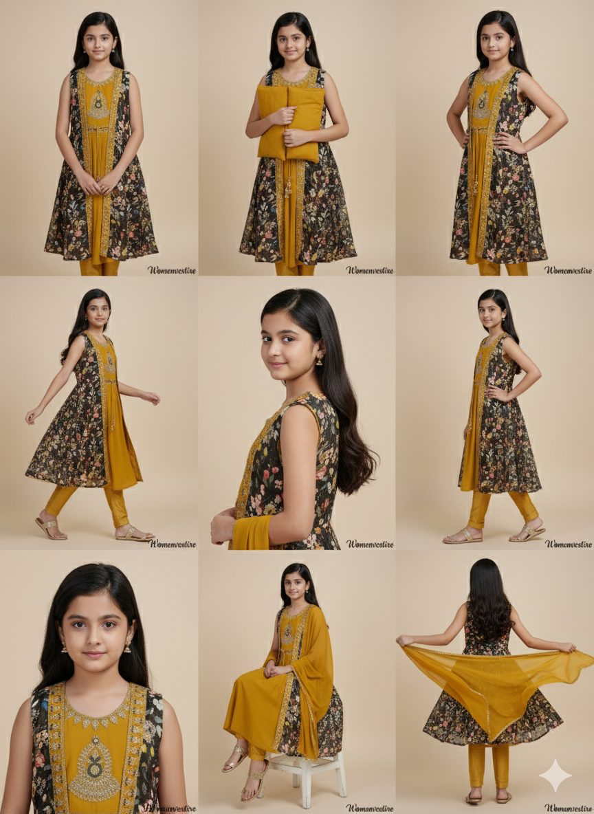 Mustard Floral Layered Kurta Set for Girls