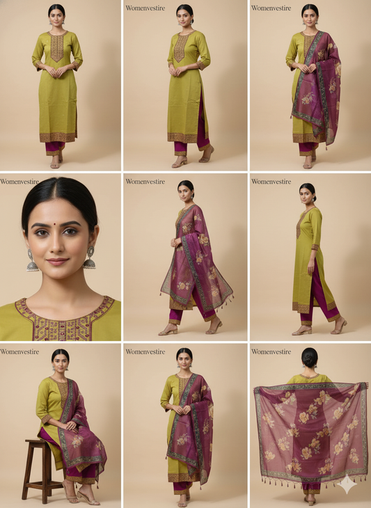 Mauve Embroidered Kurta Set with Floral Dupatta