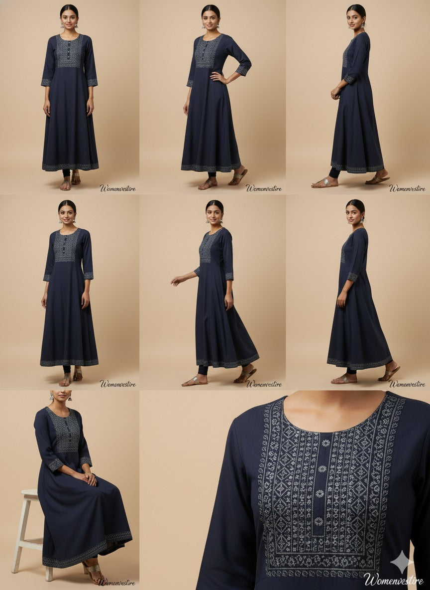 Navy Blue Embroidered Kurta