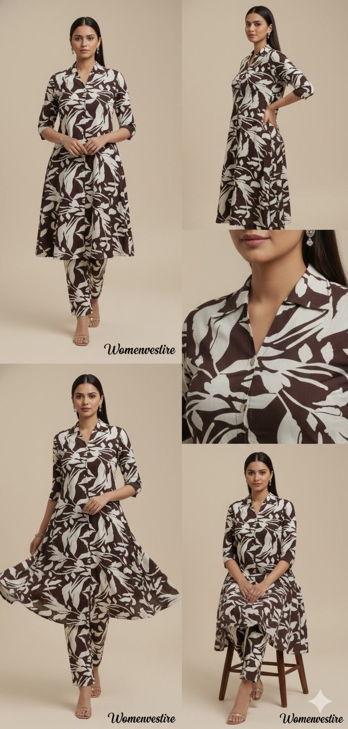 "Brown Leaf Print Night Suit" (Umbrella Top with Pant)