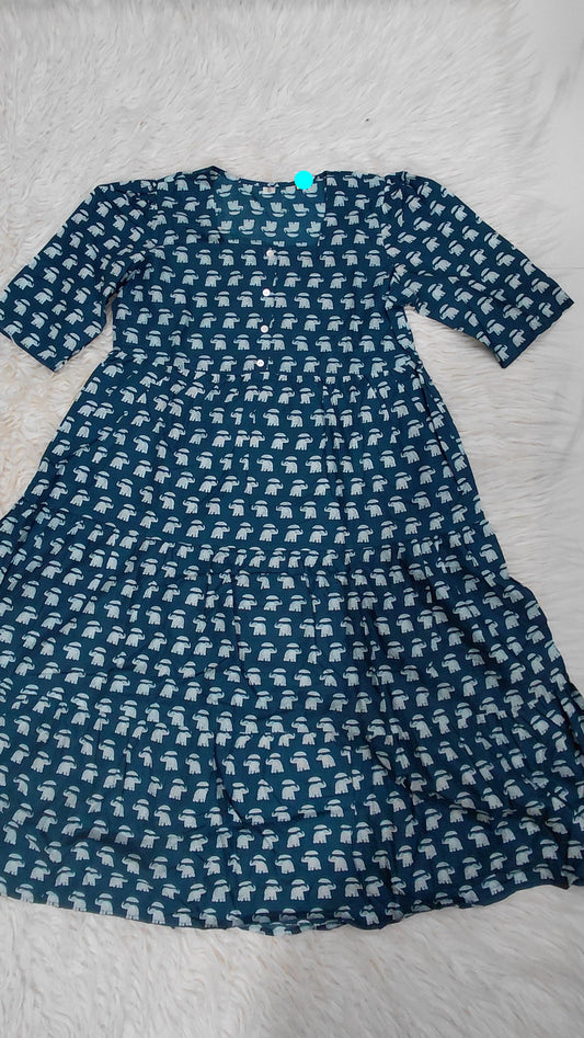 Blue Elephant Print Cotton Dress