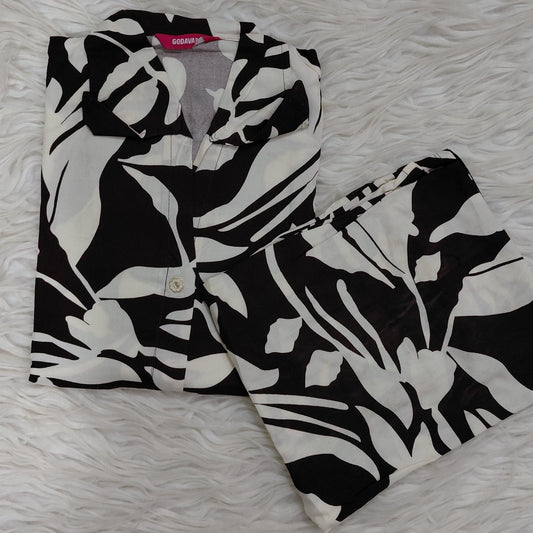 "Brown Leaf Print Night Suit" (Umbrella Top with Pant)