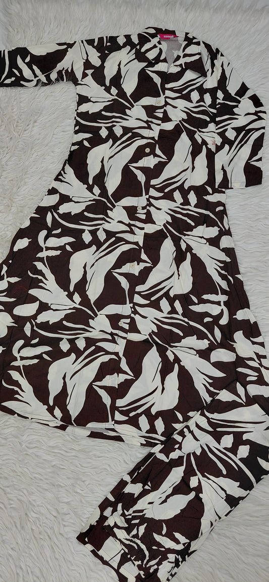 "Brown Leaf Print Night Suit" (Umbrella Top with Pant)
