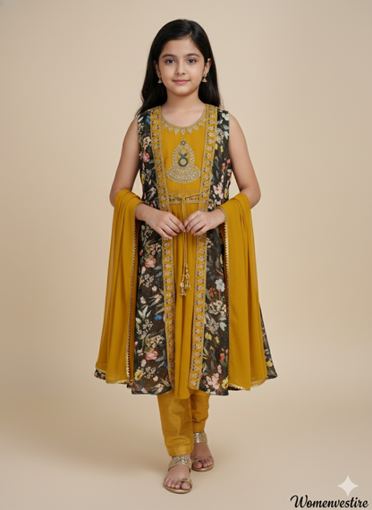 Mustard Floral Layered Kurta Set for Girls