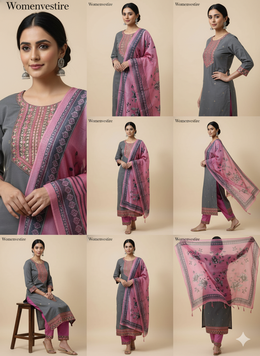 Mauve Embroidered Kurta Set with Floral Dupatta