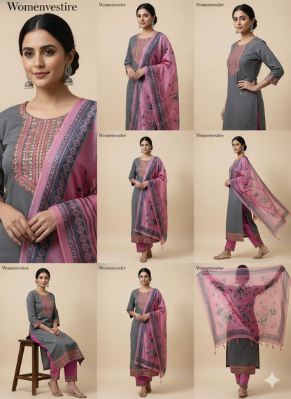 Mauve Embroidered Kurta Set with Floral Dupatta