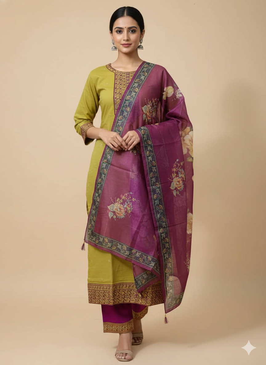 Mauve Embroidered Kurta Set with Floral Dupatta