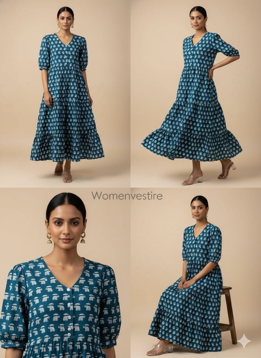 Blue Elephant Print Cotton Dress