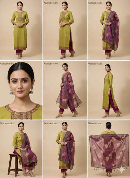 Mauve Embroidered Kurta Set with Floral Dupatta