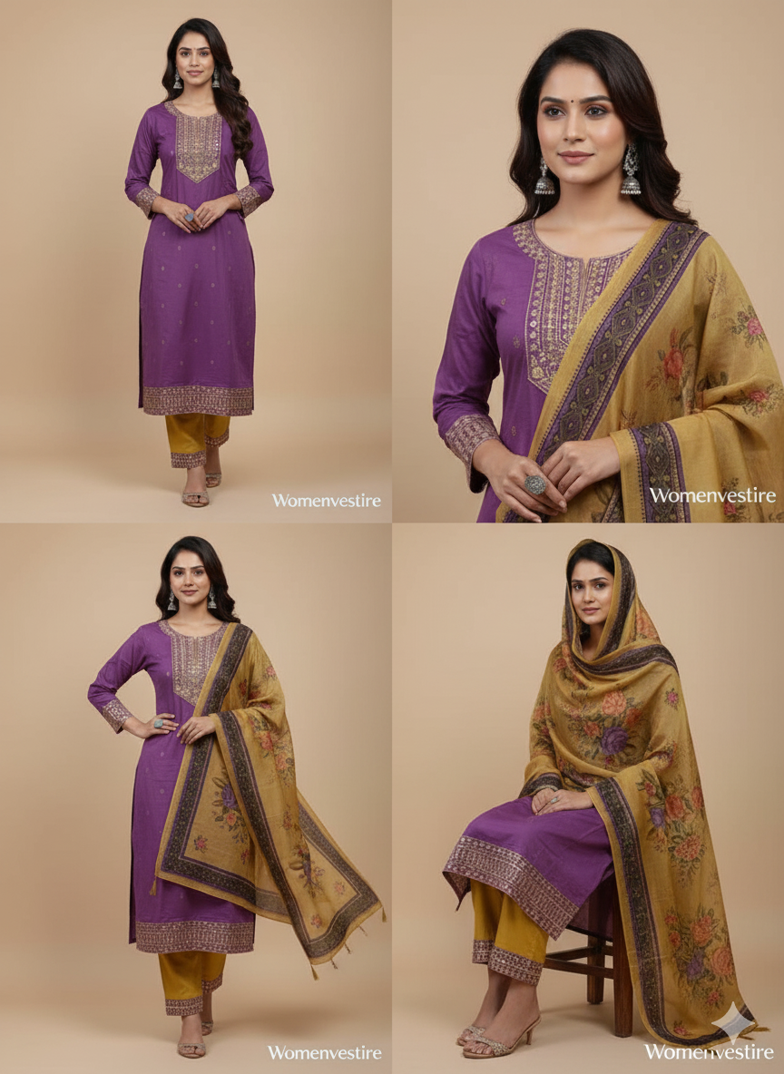 Mauve Embroidered Kurta Set with Floral Dupatta
