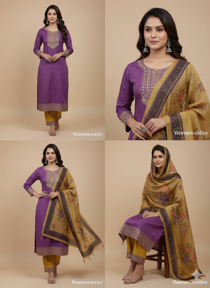 Mauve Embroidered Kurta Set with Floral Dupatta