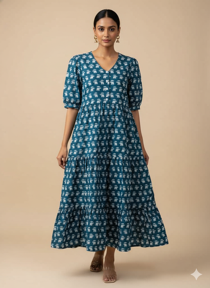 Blue Elephant Print Cotton Dress