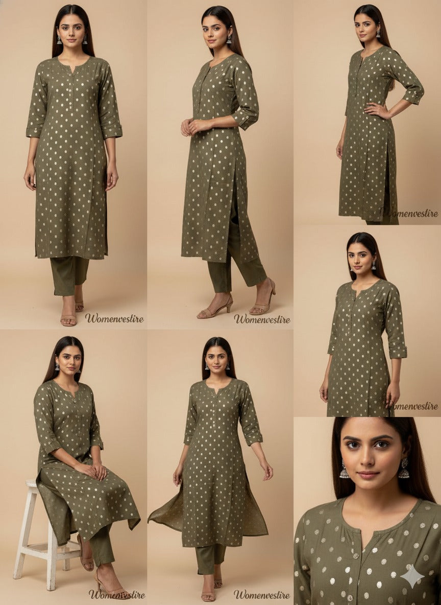 Women’s Golden and Green Print Straight Kurta