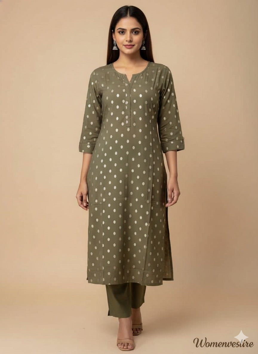 Women’s Golden and Green Print Straight Kurta