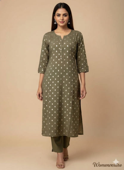 Women’s Golden and Green Print Straight Kurta