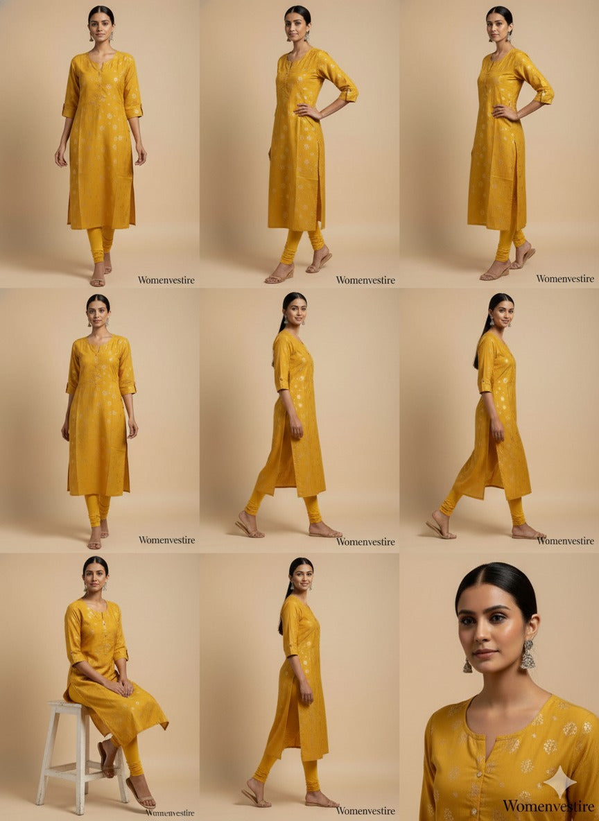 Women’s Golden and Green Print Straight Kurta