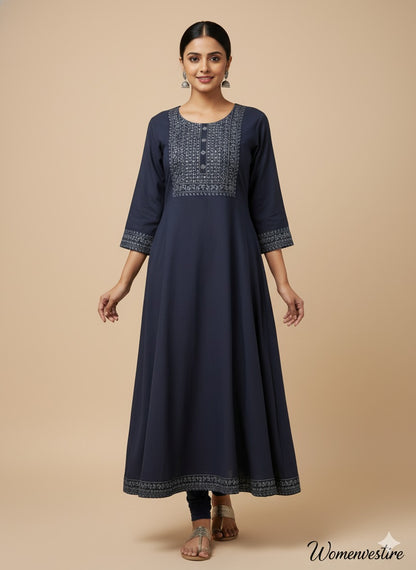 Navy Blue Embroidered Kurta