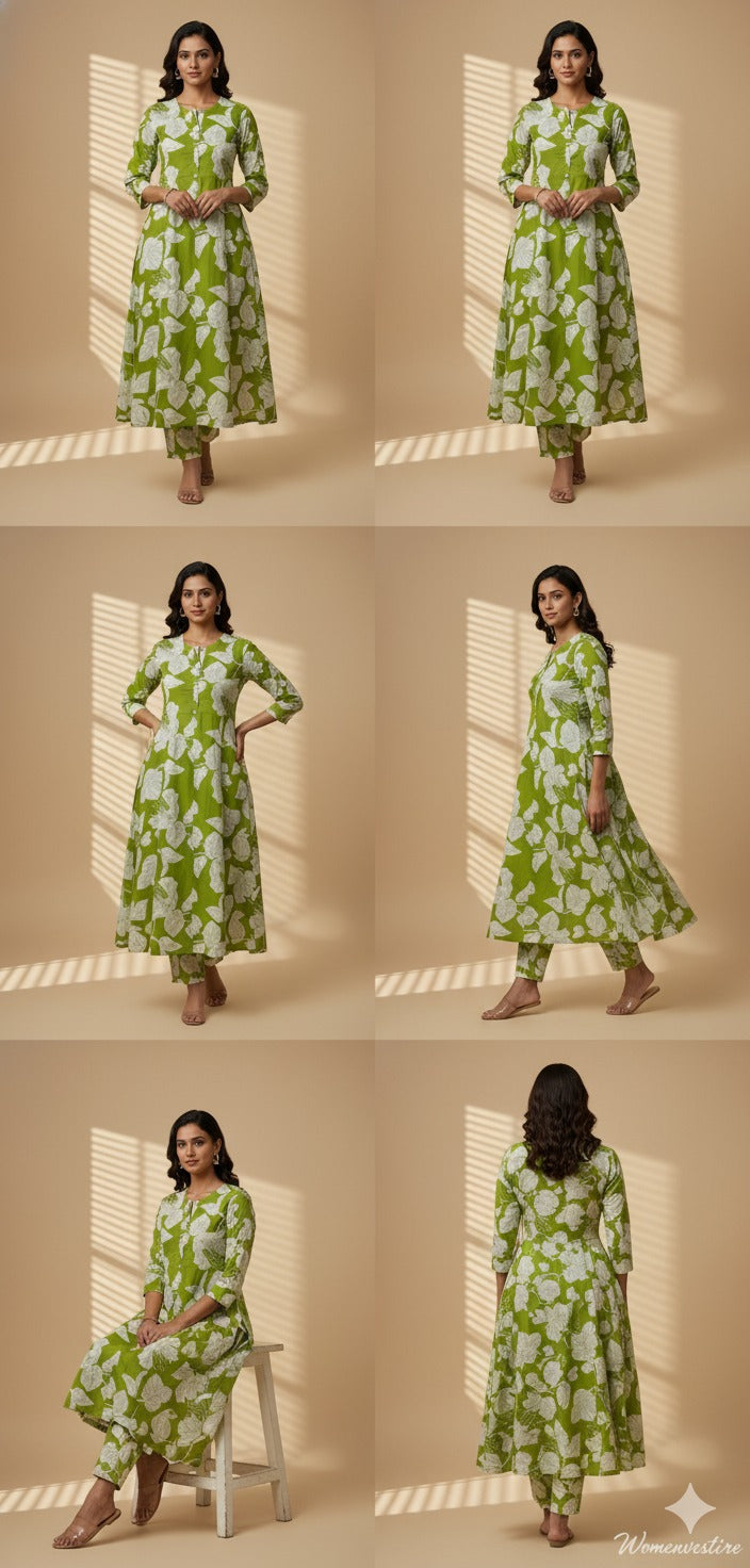 "GREEN Leaf Print Night Suit" (Umbrella Top with Pant)