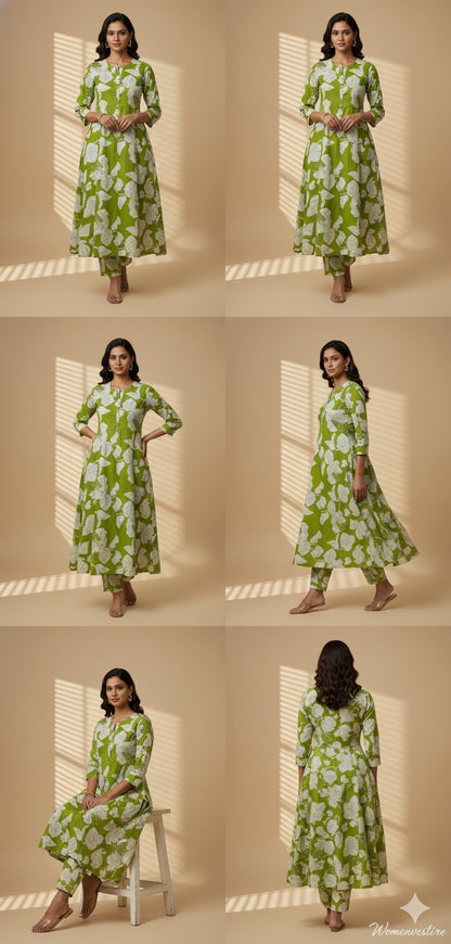 "GREEN Leaf Print Night Suit" (Umbrella Top with Pant)