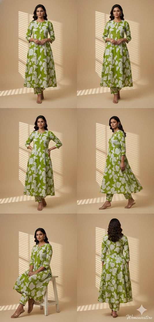 "GREEN Leaf Print Night Suit" (Umbrella Top with Pant)