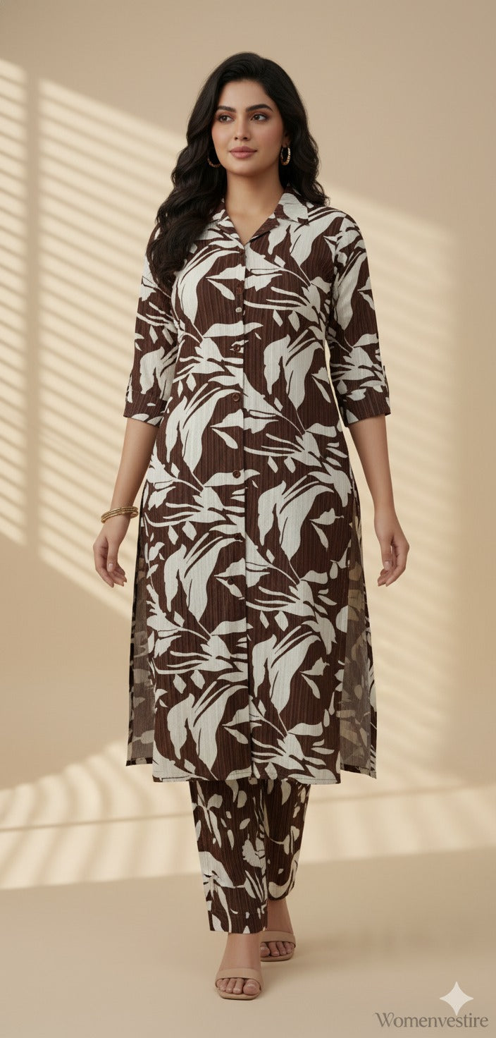 "Brown Leaf Print Night Suit" (Umbrella Top with Pant)