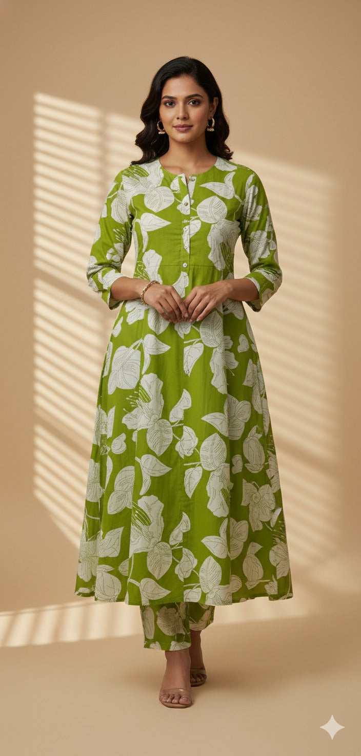 "GREEN Leaf Print Night Suit" (Umbrella Top with Pant)