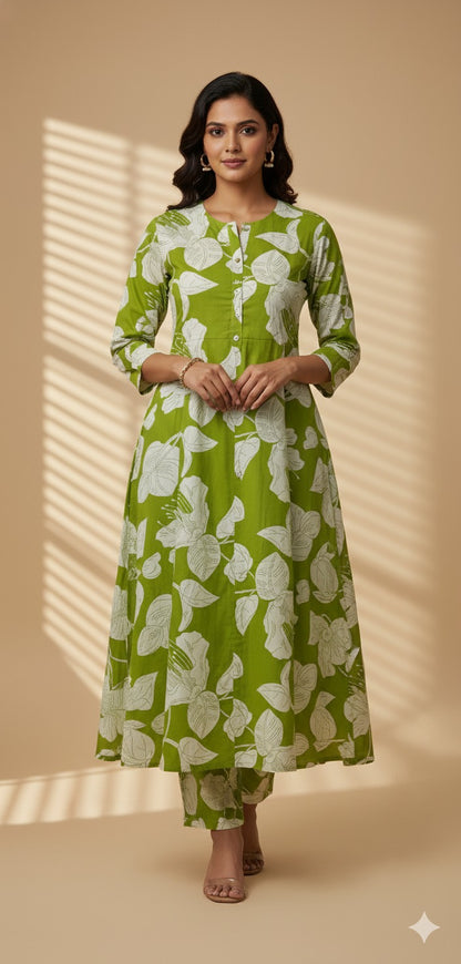 "GREEN Leaf Print Night Suit" (Umbrella Top with Pant)