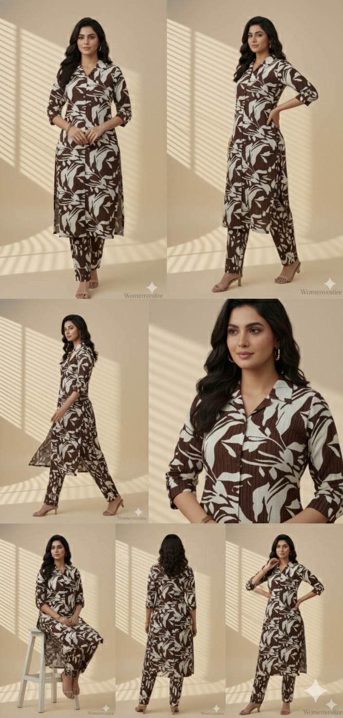 "Brown Leaf Print Night Suit" (Umbrella Top with Pant)