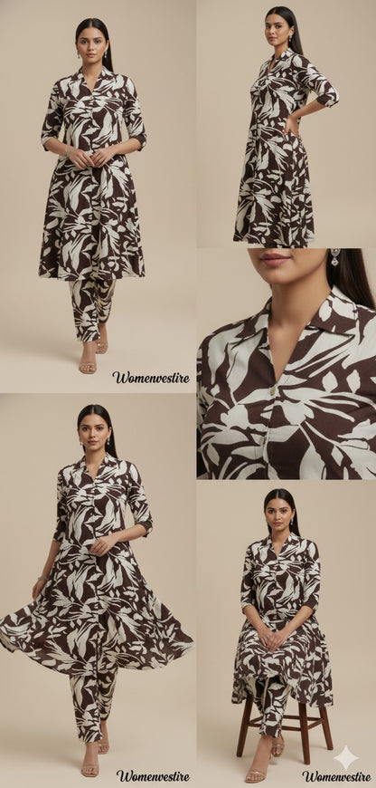 "Brown Leaf Print Night Suit" (Umbrella Top with Pant)