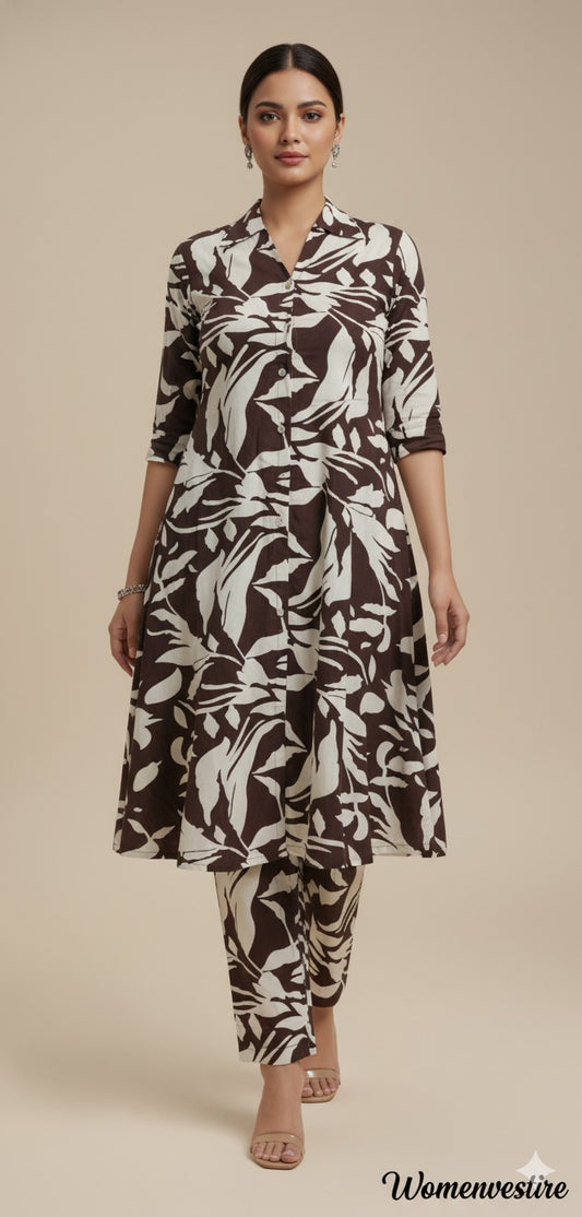 "Brown Leaf Print Night Suit" (Umbrella Top with Pant)
