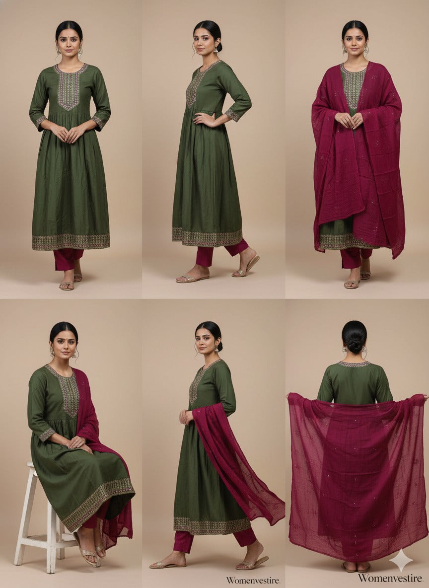 Mauve Embroidered Kurta Set with Floral Dupatta