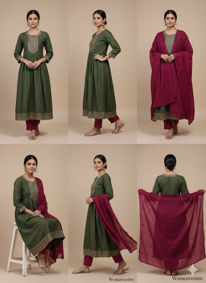 Mauve Embroidered Kurta Set with Floral Dupatta