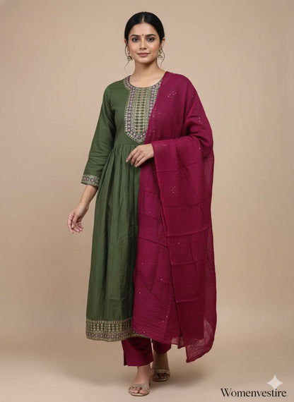 Mauve Embroidered Kurta Set with Floral Dupatta
